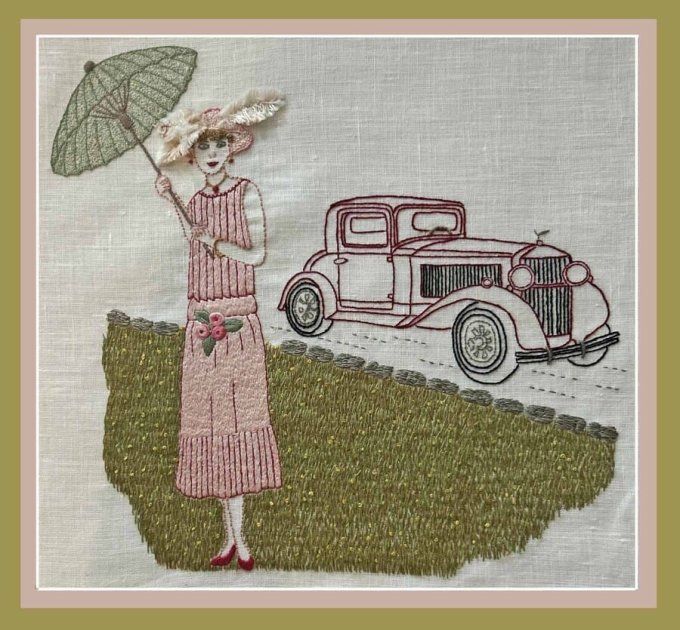 Kit de broderie traditionnelle :  LADY EN VOITURE de Sophie Delhomme