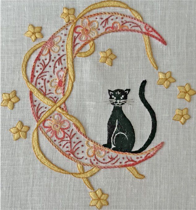 Kit de broderie traditionnelle : LE CHAT DANS LES ETOILES de Sophie Delhomme