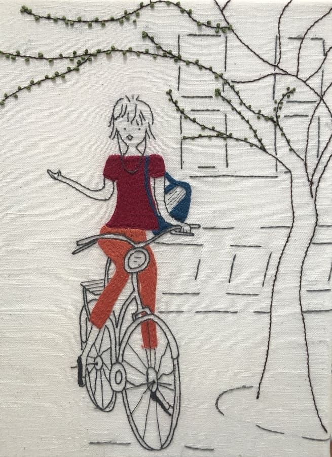 Kit de broderie traditionnelle : "Mademoiselle fait de la bicyclette au printemps". 