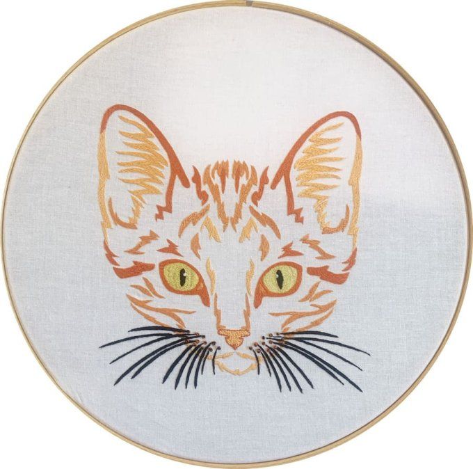 MINOU TISSU BLANC CASSE MODELE BRODERIE CHAT  ROUX